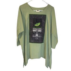 Brie Kriebel Quilted Patch Tunic Women's Sz M Sage Green Art to Wear 100% Cotton